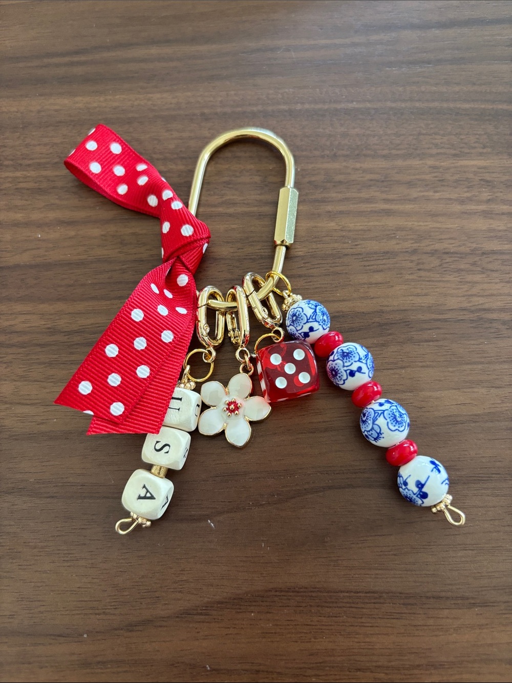 Red Polka Dot Charm Keychain with Floral and Bead Accents